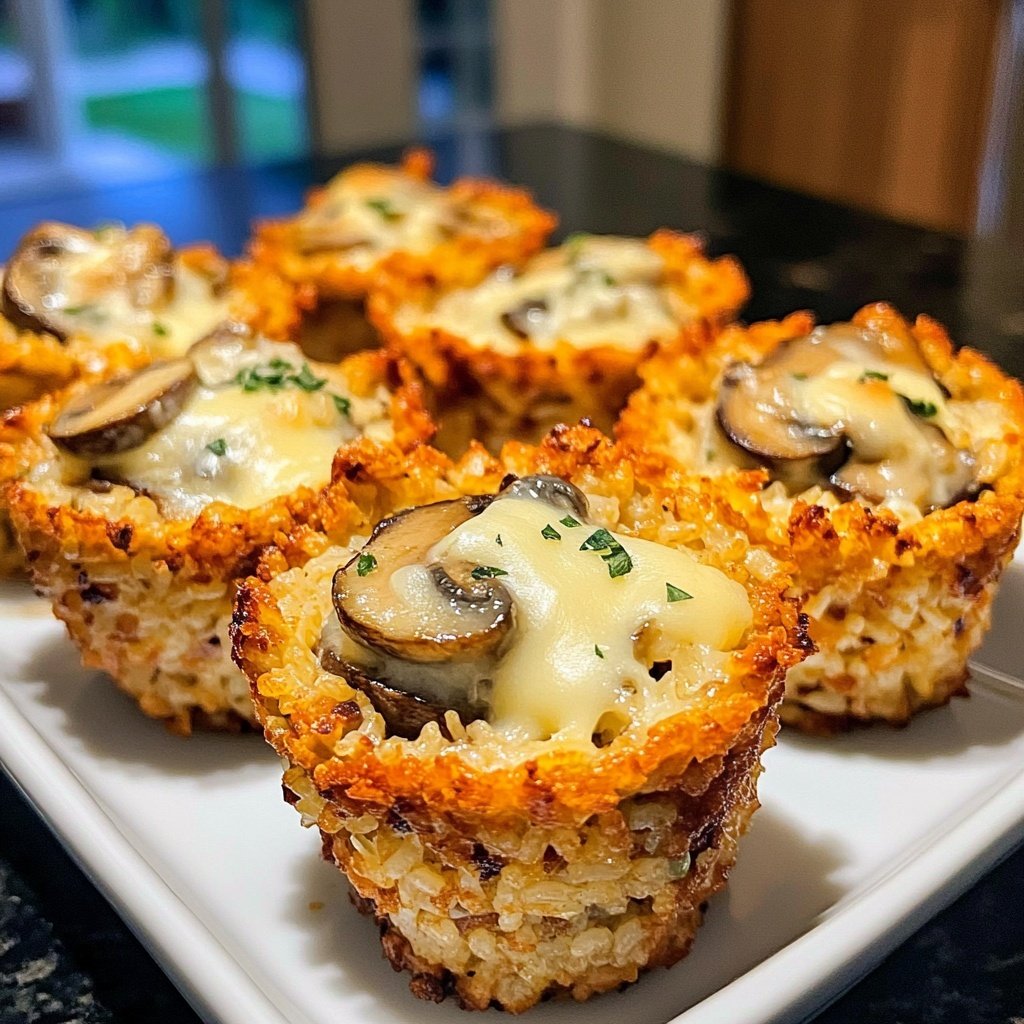 Stuffed Mushroom Crispy Rice Cups